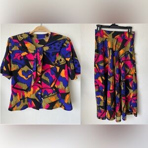 Vintage women’s abstract print skirt and blouse